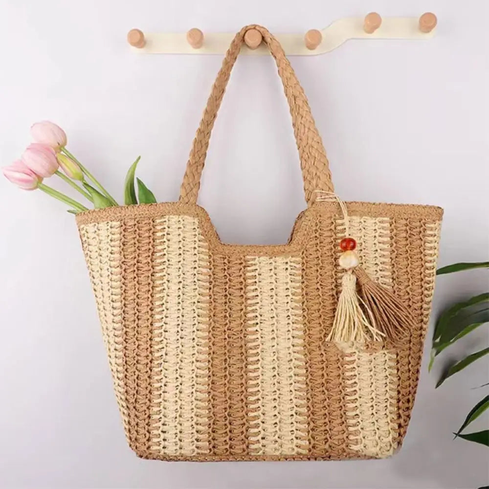 Striped Straw Square Beach Tote