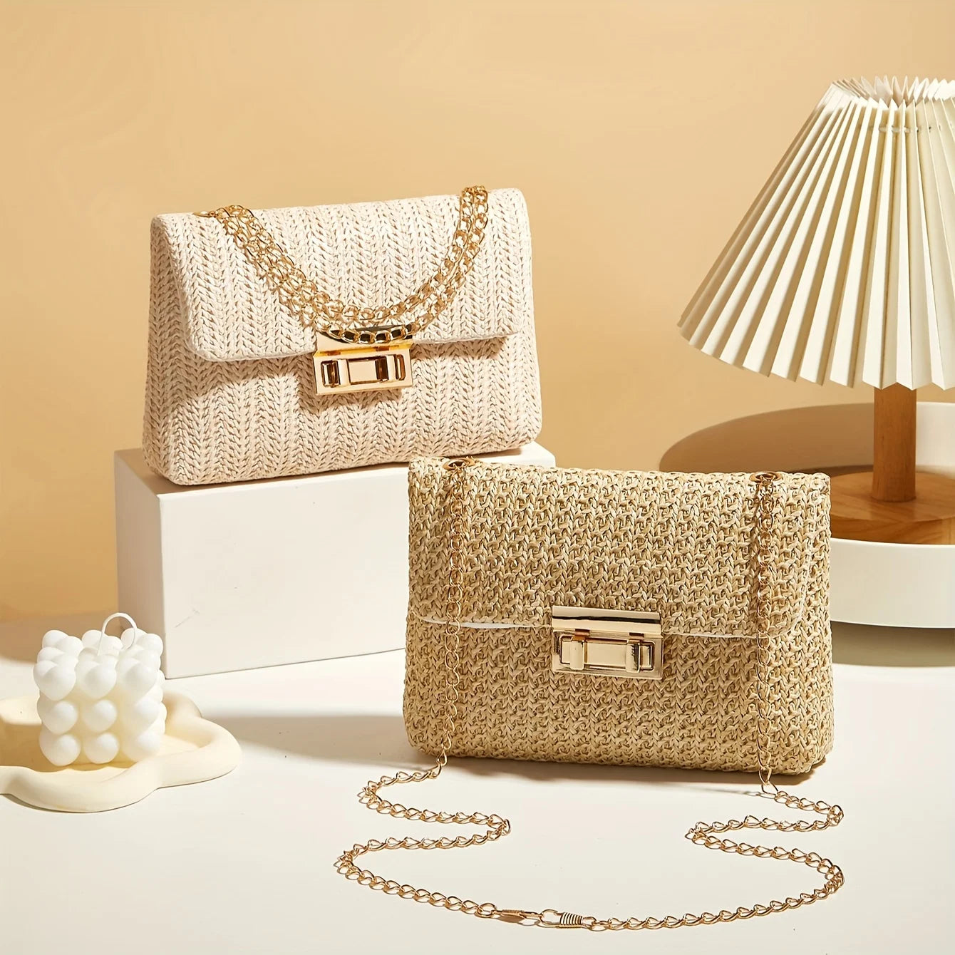 Straw Crossbody Bag with Lock