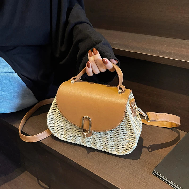 Straw & PU Leather Flap Crossbody