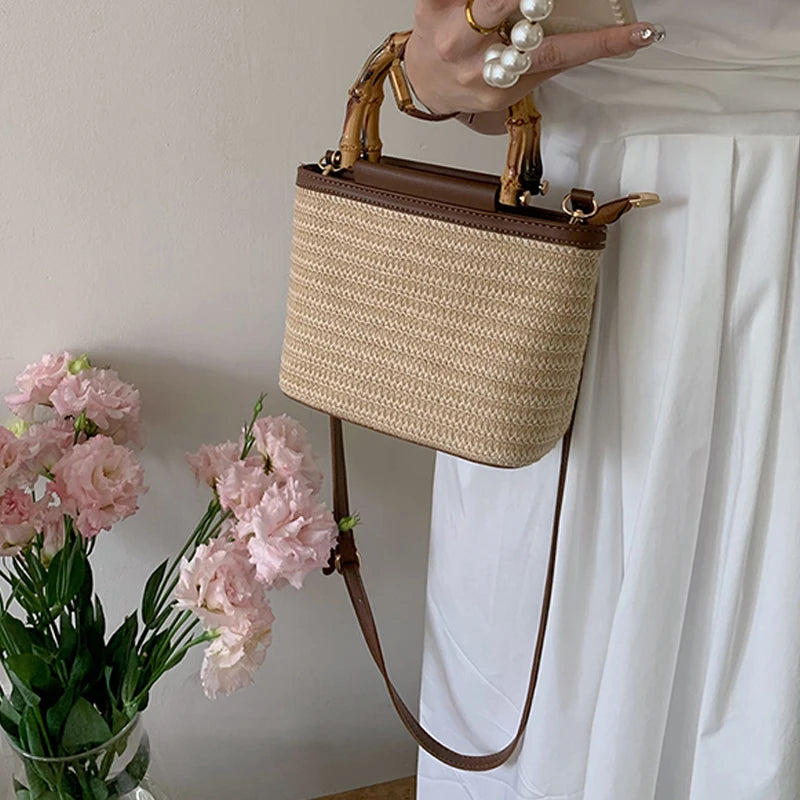 Woven Straw Mini Bucket Crossbody