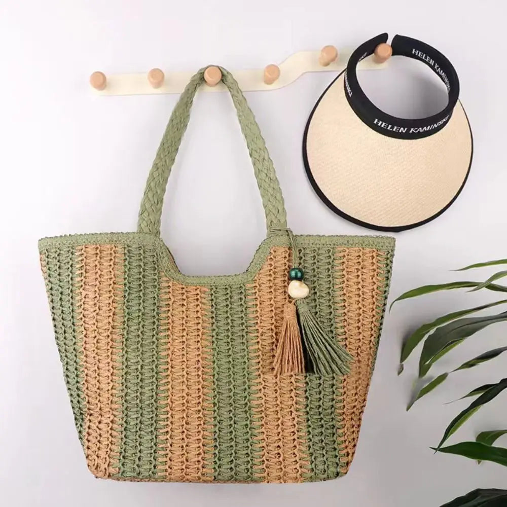 Striped Straw Square Beach Tote