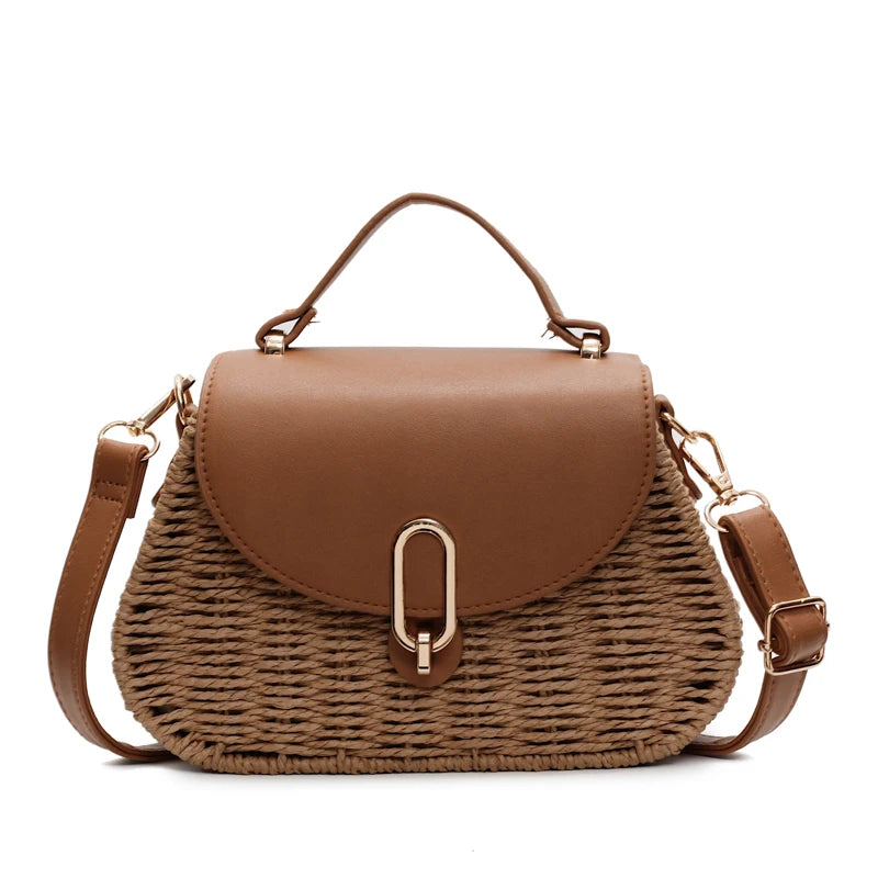 Straw & PU Leather Flap Crossbody