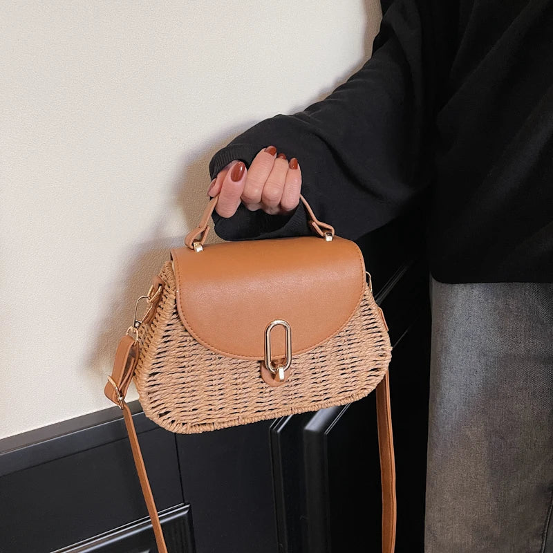 Straw & PU Leather Flap Crossbody